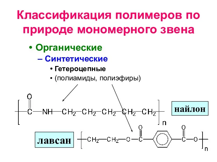 Классификация полимеров по природе мономерного звена Органические Синтетические Гетероцепные (полиамиды, полиэфиры) найлон лавсан