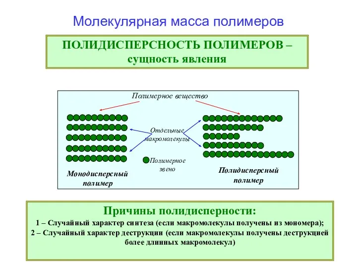 ПОЛИДИСПЕРСНОСТЬ ПОЛИМЕРОВ –сущность явления Причины полидисперности: 1 – Случайный характер