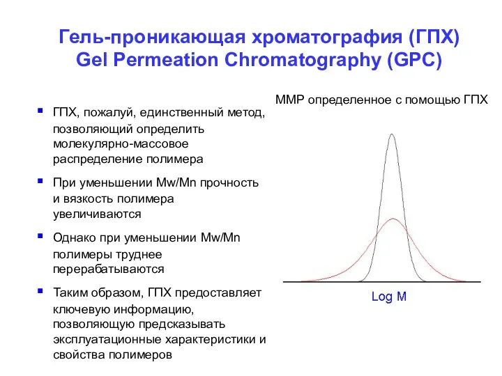 ГПХ, пожалуй, единственный метод, позволяющий определить молекулярно-массовое распределение полимера При