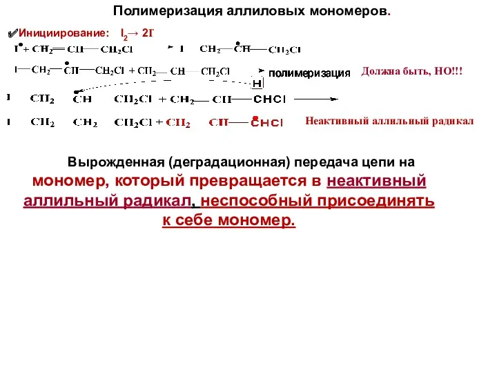 Инициирование: I2→ 2I∙ Вырожденная (деградационная) передача цепи на мономер, который