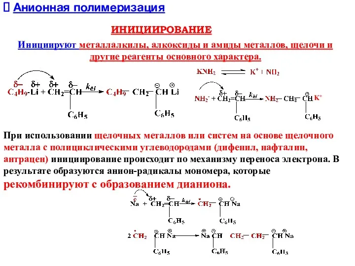 ИНИЦИИРОВАНИЕ Анионная полимеризация Инициируют металлалкилы, алкоксиды и амиды металлов, щелочи