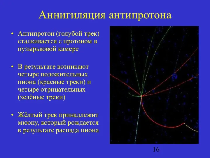 Аннигиляция антипротона Антипротон (голубой трек) сталкивается с протоном в пузырьковой