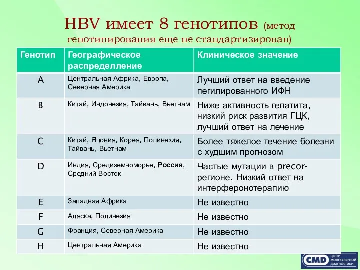 HBV имеет 8 генотипов (метод генотипирования еще не стандартизирован)