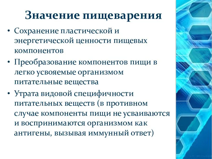 Значение пищеварения Сохранение пластической и энергетической ценности пищевых компонентов Преобразование