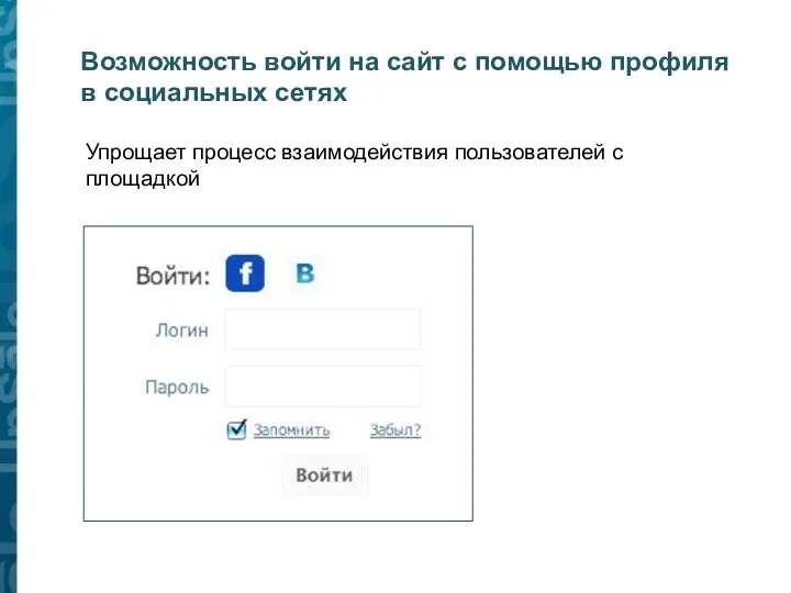 Возможность войти на сайт с помощью профиля в социальных сетях Упрощает процесс взаимодействия пользователей с площадкой