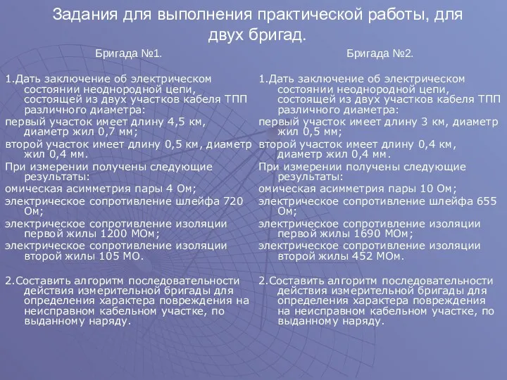 Задания для выполнения практической работы, для двух бригад. Бригада №1.