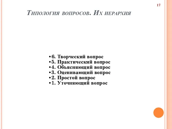 Типология вопросов. Их иерархия 6. Творческий вопрос 5. Практический вопрос