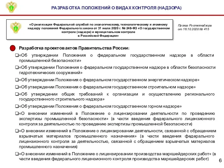 РАЗРАБОТКА ПОЛОЖЕНИЙ О ВИДАХ КОНТРОЛЯ (НАДЗОРА) «О реализации Федеральной службой