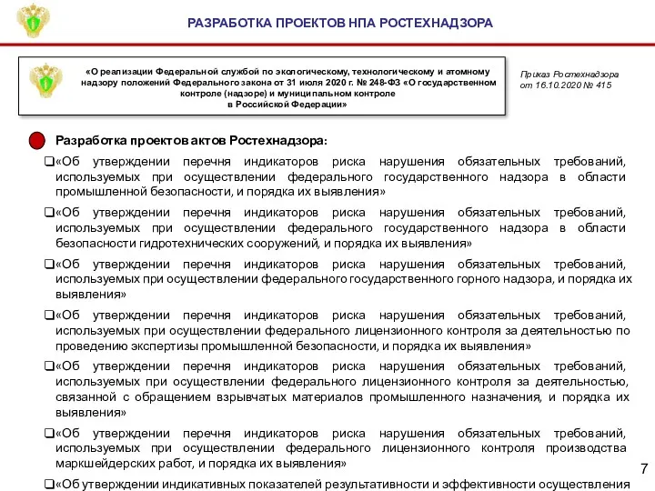 РАЗРАБОТКА ПРОЕКТОВ НПА РОСТЕХНАДЗОРА «О реализации Федеральной службой по экологическому,