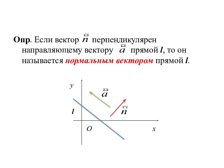 Опр. Если вектор перпендикулярен направляющему вектору прямой l, то он называется нормальным вектором