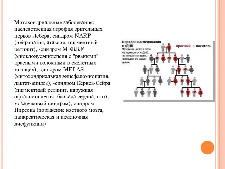 Митохондриальные заболевания: наследственная атрофия зрительных нервов Лебера, синдром NARP (нейропатия,