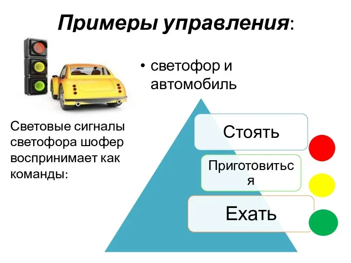 Примеры управления: светофор и автомобиль Световые сигналы светофора шофер воспринимает как команды: