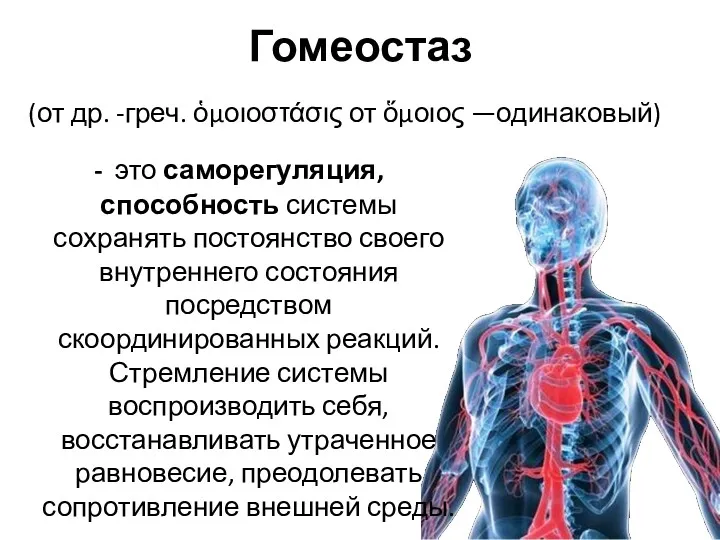 Гомеостаз (от др. -греч. ὁμοιοστάσις от ὅμοιος —одинаковый) - это