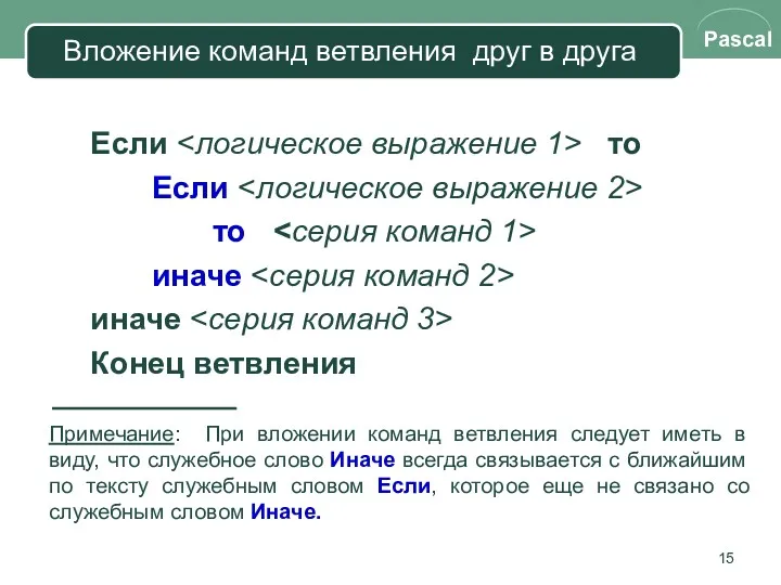 Вложение команд ветвления друг в друга Примечание: При вложении команд