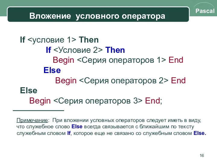 Вложение условного оператора If Then If Then Begin End Else