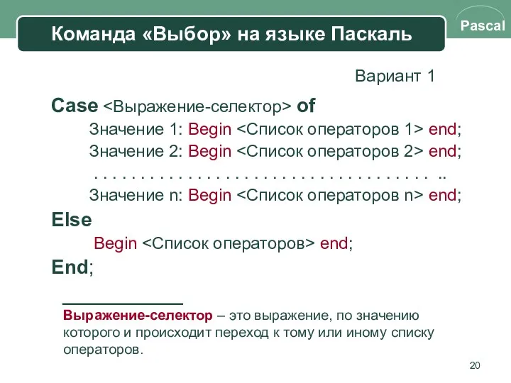 Команда «Выбор» на языке Паскаль Case of Значение 1: Begin