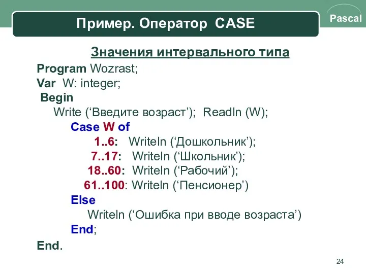 Пример. Оператор CASE Значения интервального типа Program Wozrast; Var W: