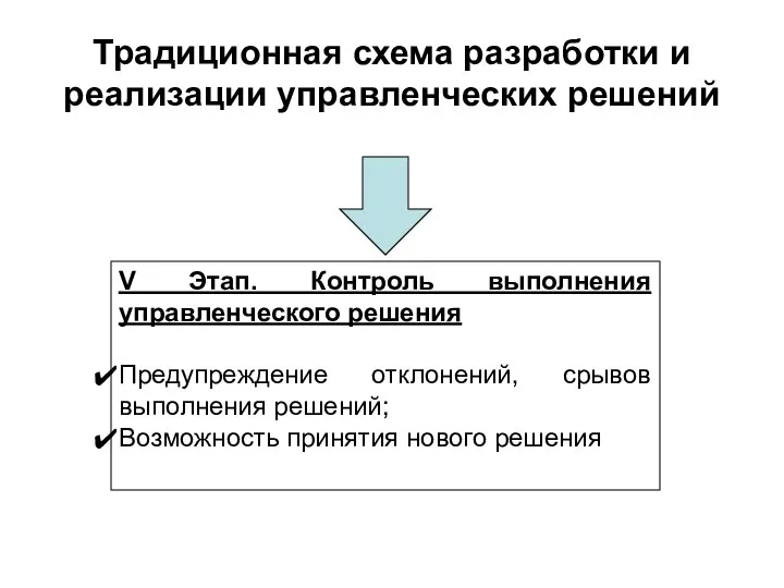 Традиционная схема разработки и реализации управленческих решений V Этап. Контроль