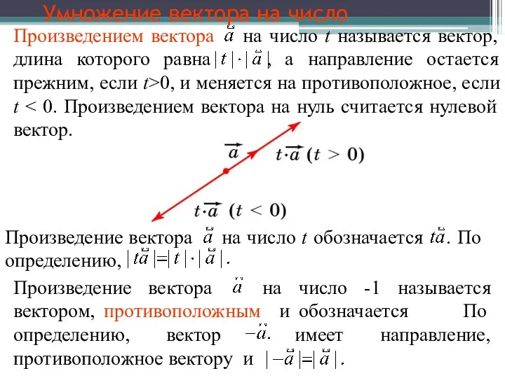 Умножение вектора на число Произведением вектора на число t называется