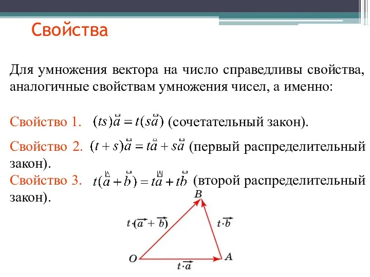 Свойства Для умножения вектора на число справедливы свойства, аналогичные свойствам