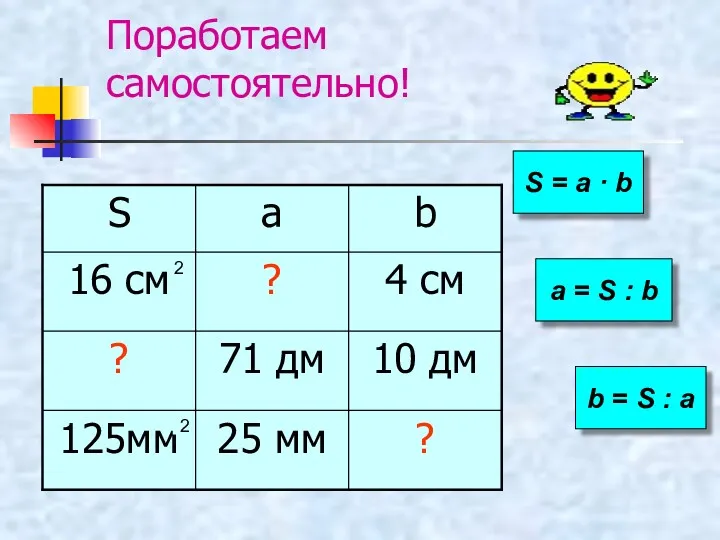 Поработаем самостоятельно! S = a · b a = S