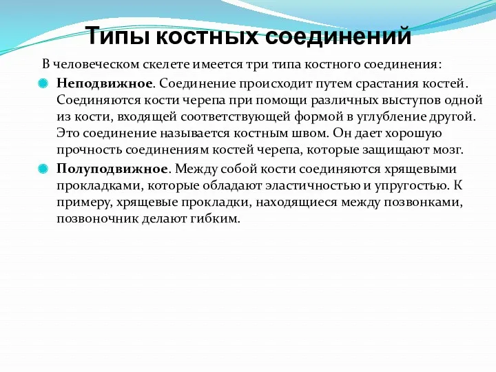 Типы костных соединений В человеческом скелете имеется три типа костного соединения: Неподвижное. Соединение