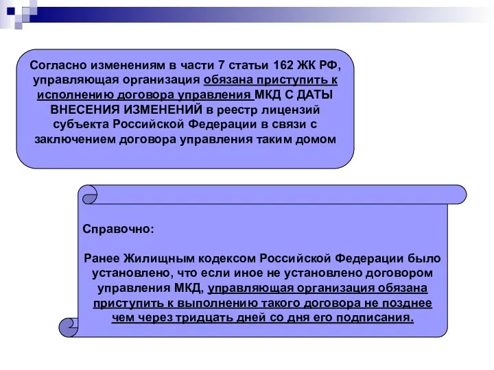 Согласно изменениям в части 7 статьи 162 ЖК РФ, управляющая организация обязана приступить