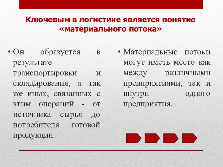 Ключевым в логистике является понятие «материального потока» Он образуется в