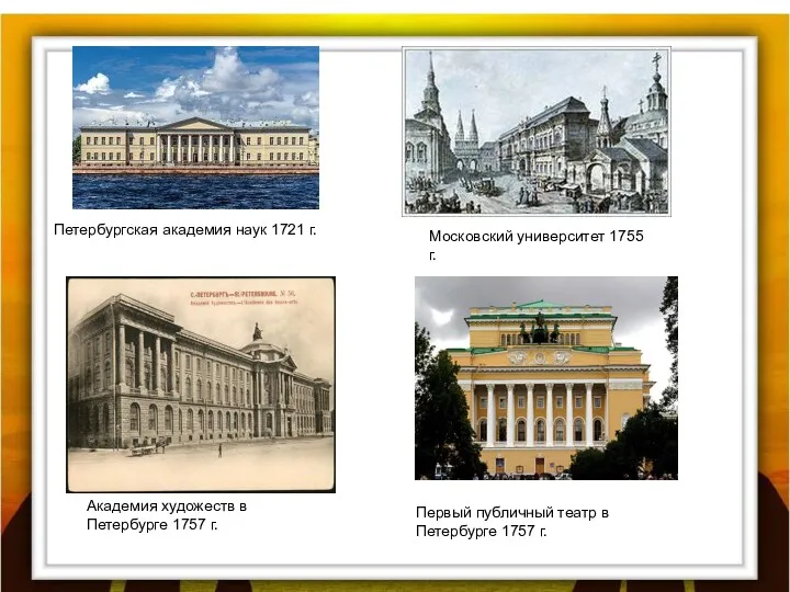 . Петербургская академия наук 1721 г. Московский университет 1755 г.