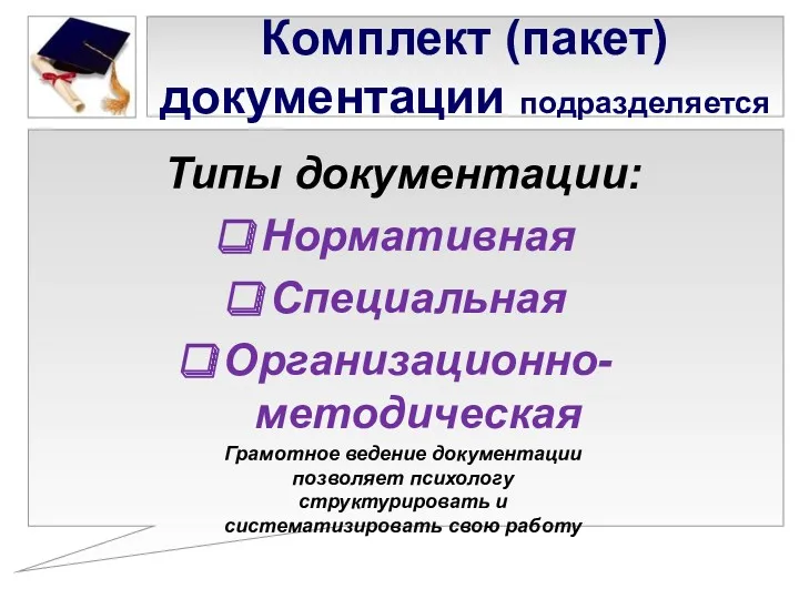 Комплект (пакет) документации подразделяется Типы документации: Нормативная Специальная Организационно-методическая Грамотное