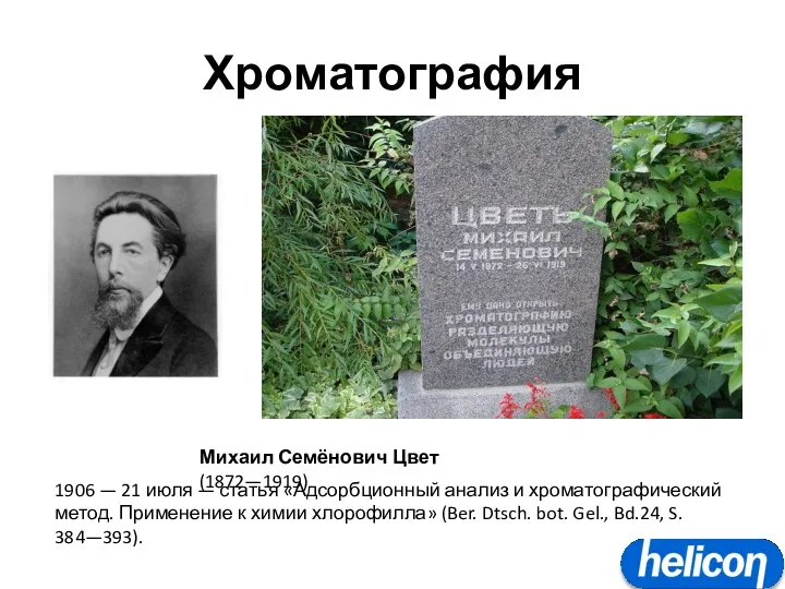 Хроматография Михаил Семёнович Цвет (1872—1919) 1906 — 21 июля —