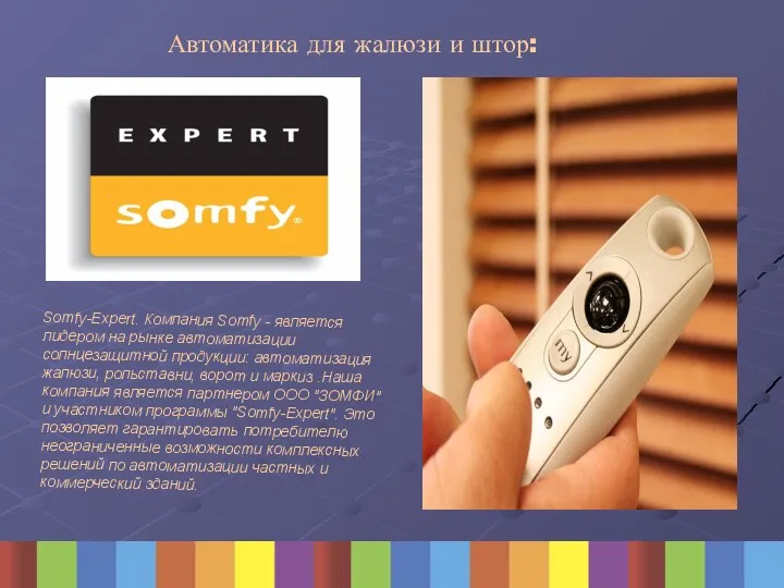 Автоматика для жалюзи и штор: Somfy-Expert. Компания Somfy - является лидером на рынке