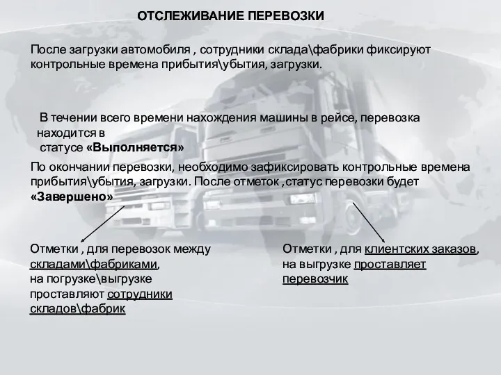 ОТСЛЕЖИВАНИЕ ПЕРЕВОЗКИ В течении всего времени нахождения машины в рейсе,