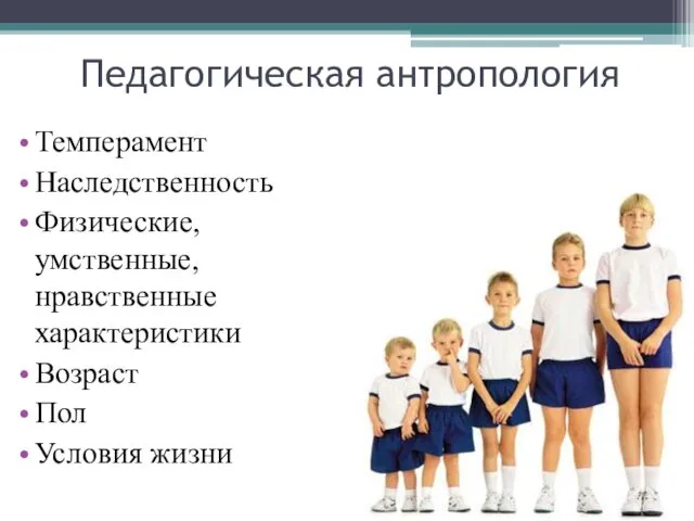 Темперамент Наследственность Физические, умственные, нравственные характеристики Возраст Пол Условия жизни Педагогическая антропология