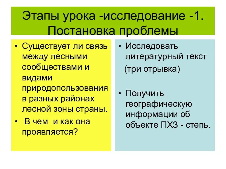 Этапы урока -исследование -1.Постановка проблемы Существует ли связь между лесными