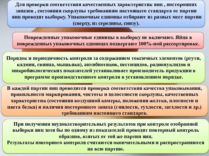 Для проверки соответствия качественных характеристик яиц , посторонних запахов ,