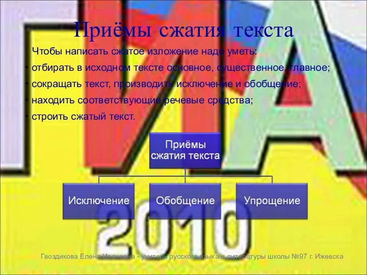 Приёмы сжатия текста Гвоздикова Елена Ивановна - учитель русского языка