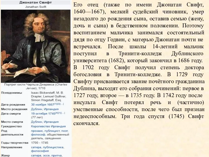 Его отец (также по имени Джонатан Свифт, 1640—1667), мелкий судейский