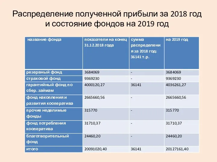 Распределение полученной прибыли за 2018 год и состояние фондов на 2019 год