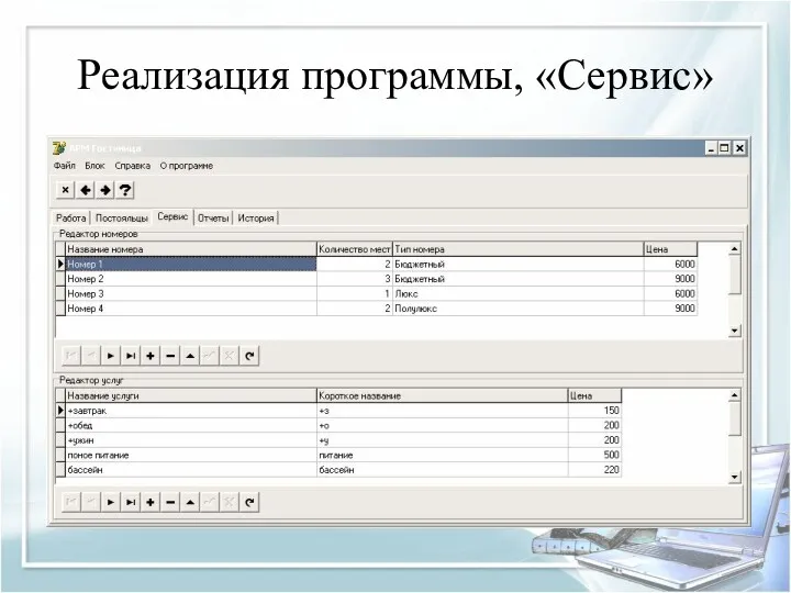 Реализация программы, «Сервис»
