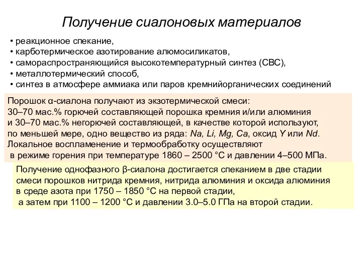 Получение сиалоновых материалов реакционное спекание, карботермическое азотирование алюмосиликатов, самораспространяющийся высокотемпературный