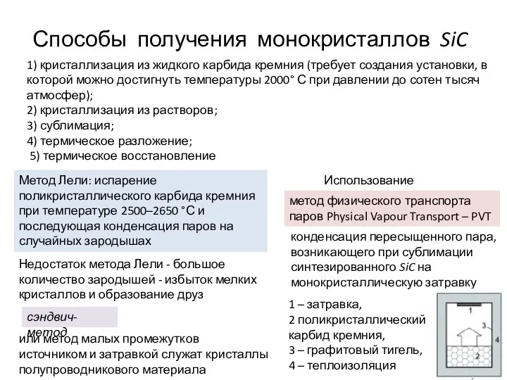 Способы получения монокристаллов SiC 1) кристаллизация из жидкого карбида кремния