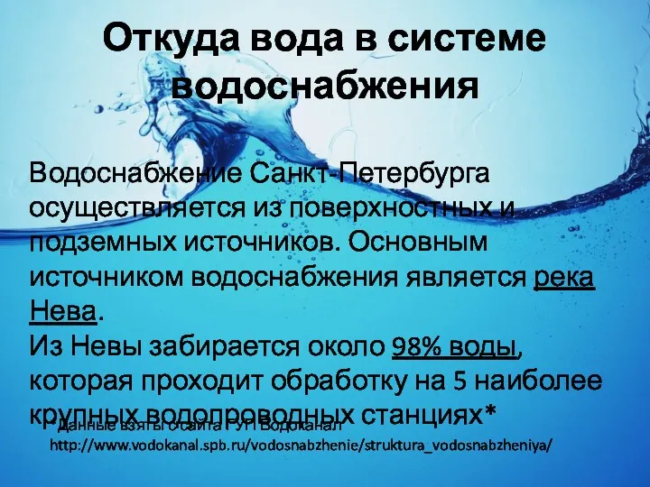 Откуда вода в системе водоснабжения Водоснабжение Санкт-Петербурга осуществляется из поверхностных