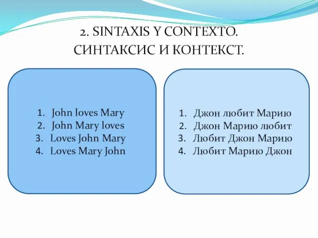 2. SINTAXIS Y CONTEXTO. СИНТАКСИС И КОНТЕКСТ. John loves Mary