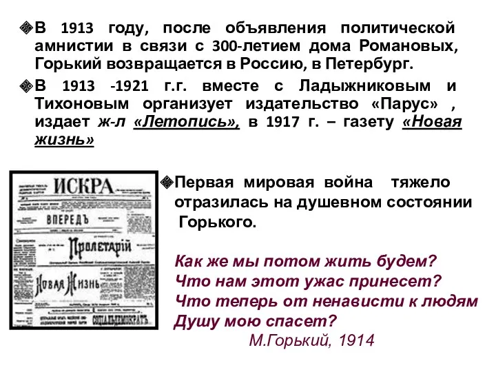 В 1913 году, после объявления политической амнистии в связи с