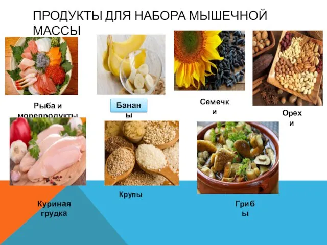 ПРОДУКТЫ ДЛЯ НАБОРА МЫШЕЧНОЙ МАССЫ Рыба и морепродукты Куриная грудка Семечки Орехи Бананы Крупы Грибы