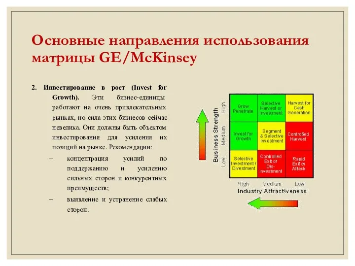 Основные направления использования матрицы GE/McKinsey 2. Инвестирование в рост (Invest