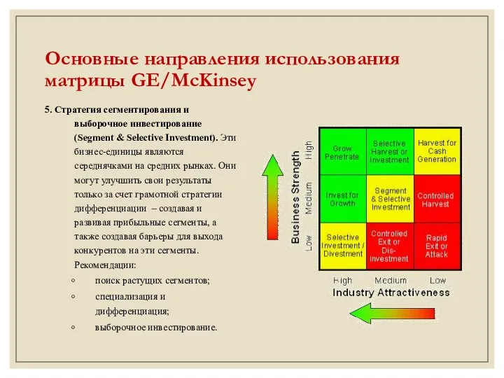 Основные направления использования матрицы GE/McKinsey 5. Стратегия сегментирования и выборочное