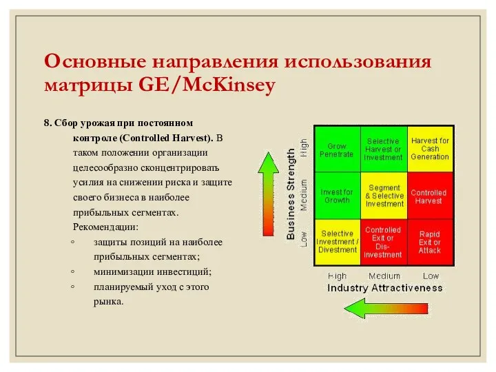 Основные направления использования матрицы GE/McKinsey 8. Сбор урожая при постоянном