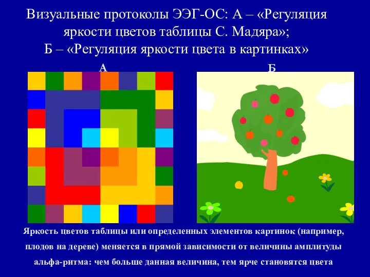 Визуальные протоколы ЭЭГ-ОС: А – «Регуляция яркости цветов таблицы С. Мадяра»; Б –